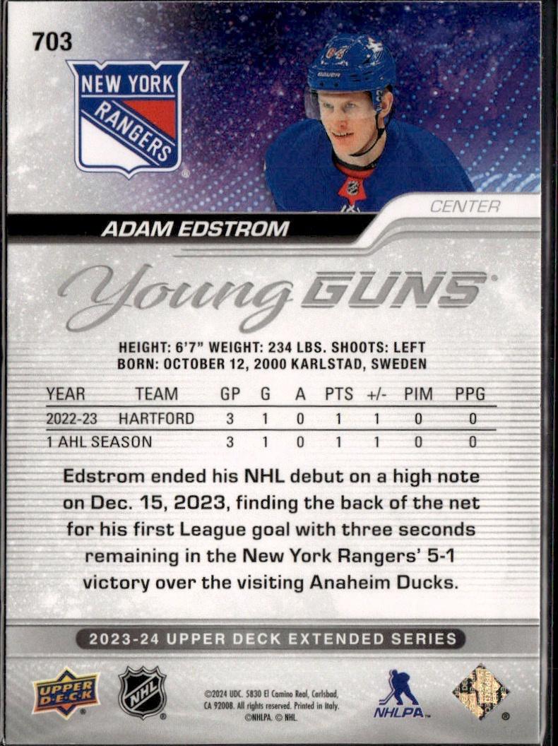 2023-24 Upper Deck Extended Series Hockey Base Young Guns #703 – Adam Edstrom (New York Rangers)