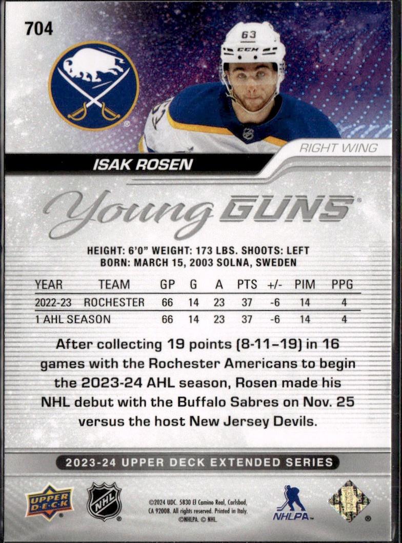 2023-24 Upper Deck Extended Series Hockey Base Young Guns #704 – Isak Rosen (Buffalo Sabres)