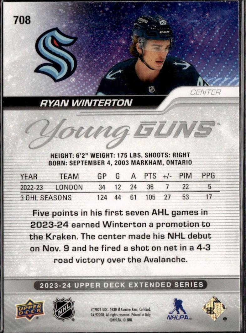 2023-24 Upper Deck Extended Series Hockey Base Young Guns #708 – Ryan Winterton (Seattle Kraken)
