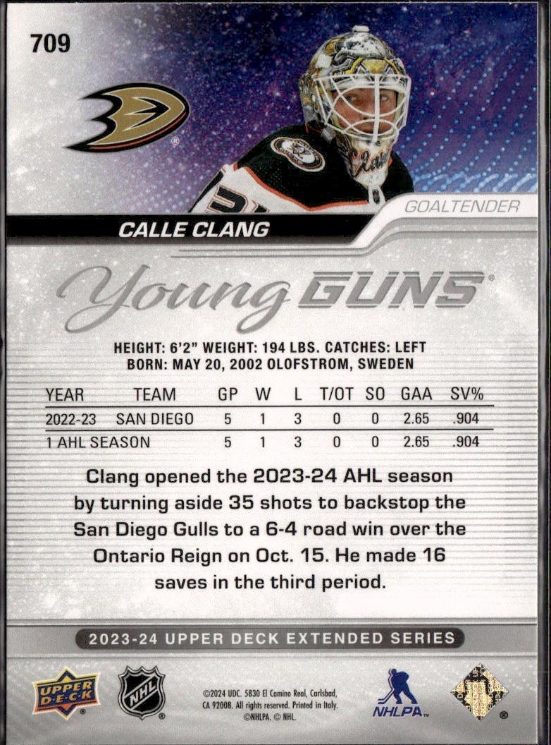 2023-24 Upper Deck Extended Series Hockey Base Young Guns #709 – Calle Clang (Anaheim Ducks)
