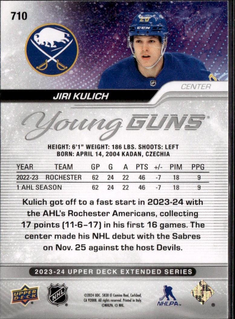 2023-24 Upper Deck Extended Series Hockey Base Young Guns #710 – Jiri Kulich (Buffalo Sabres)