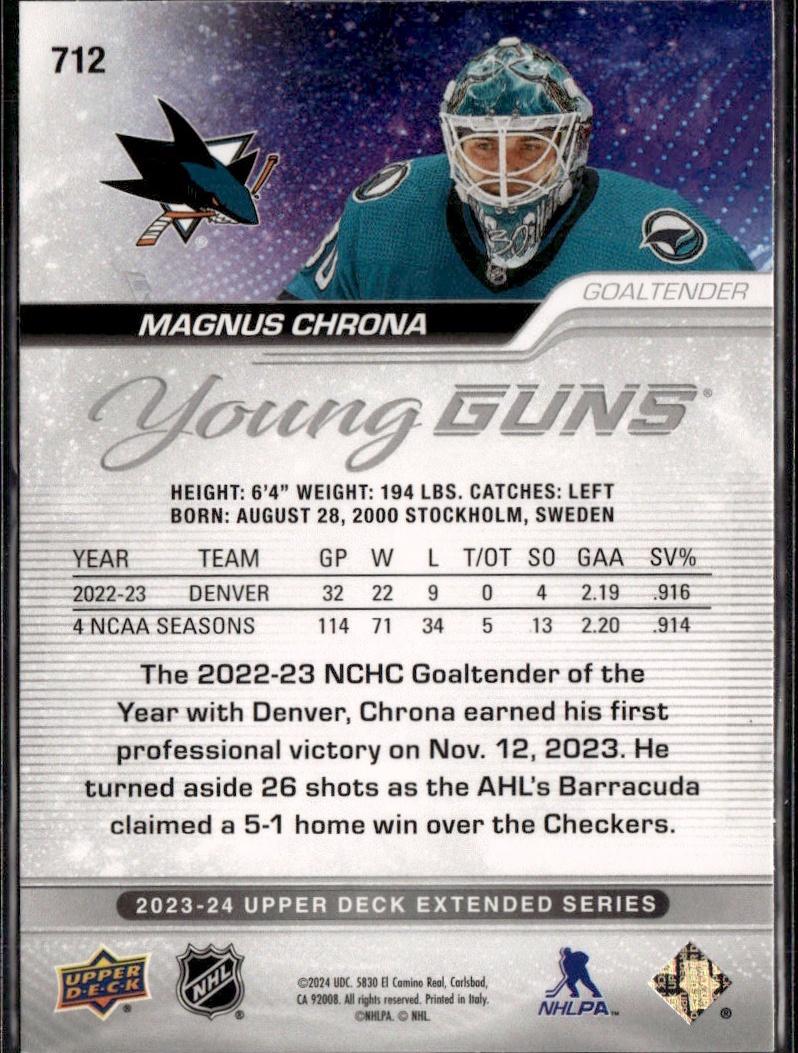 2023-24 Upper Deck Extended Series Hockey Base Young Guns #/100 – Magnus Chrona (#712 San Jose Sharks)