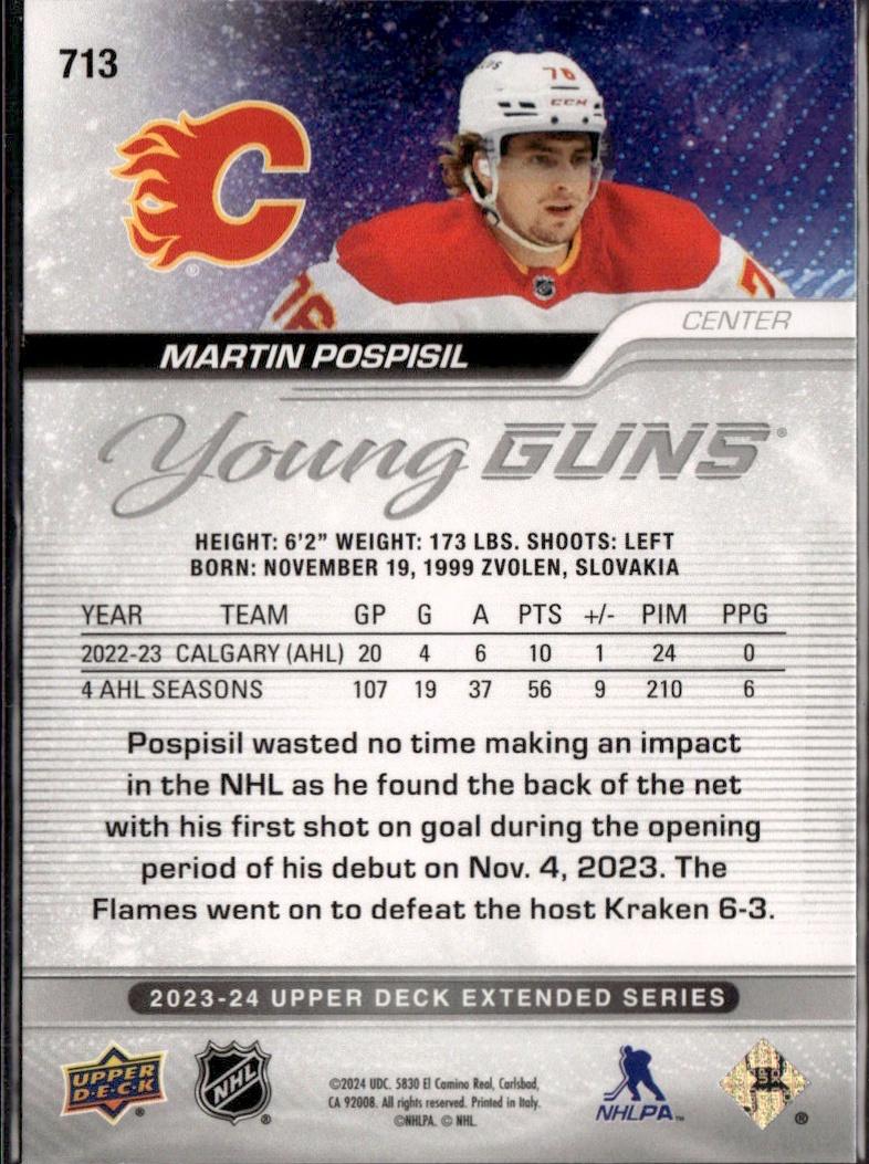 2023-24 Upper Deck Extended Series Hockey Base Young Guns #713 – Martin Pospisil (Calgary Flames)