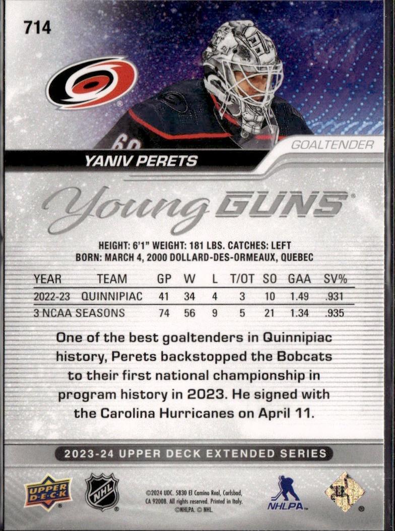 2023-24 Upper Deck Extended Series Hockey Base Young Guns #714 – Yaniv Perets (Carolina Hurricanes)