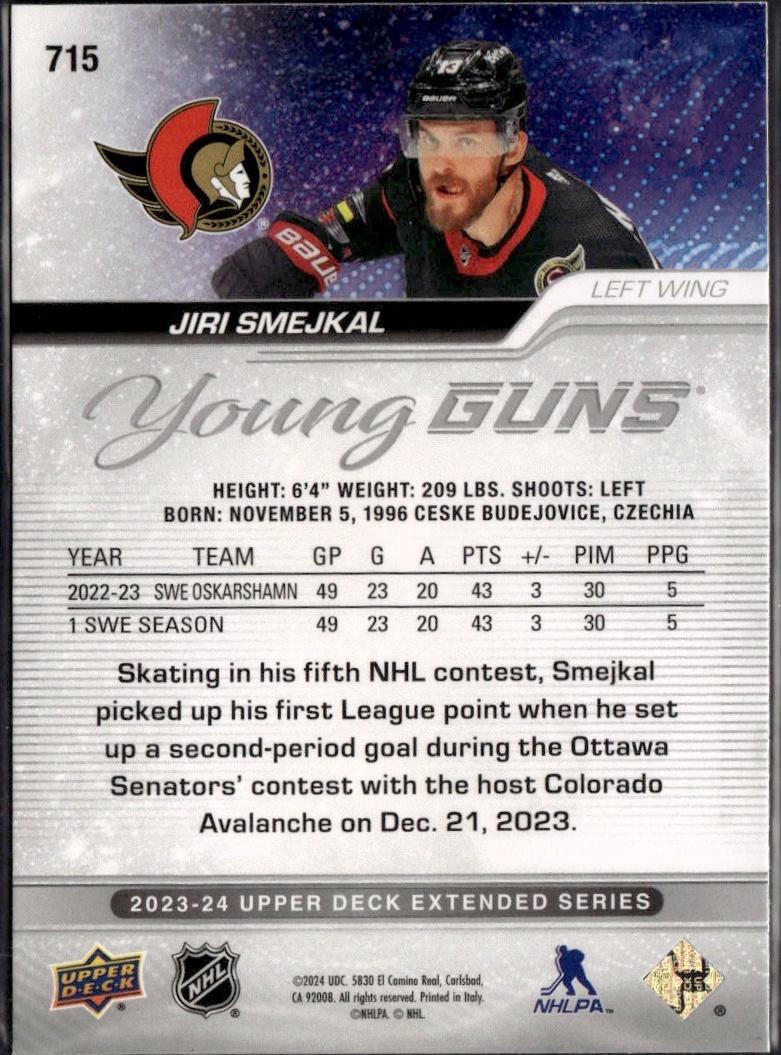 2023-24 Upper Deck Extended Series Hockey Base Young Guns #715 – Jiri Smejkal (Ottawa Senators)