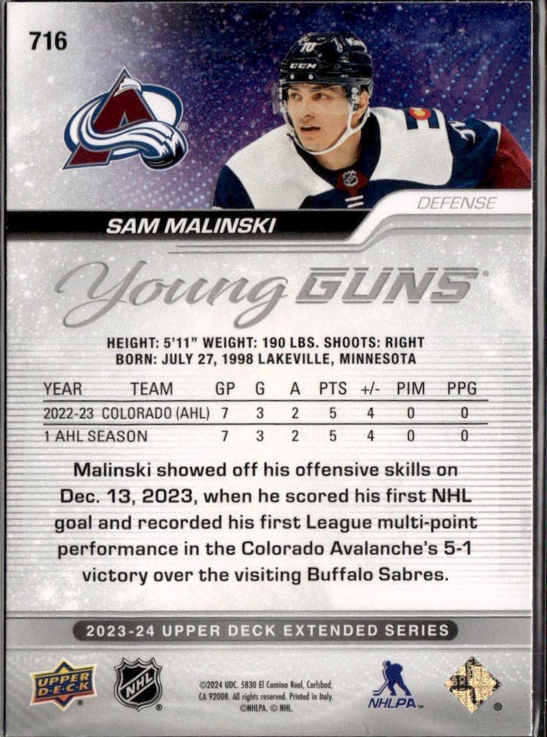 2023-24 Upper Deck Extended Series Hockey Base Young Guns #716 – Sam Malinski (Colorado Avalanche)