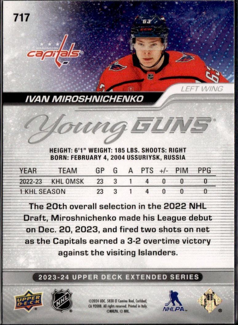 2023-24 Upper Deck Extended Series Hockey Base Young Guns #717 – Ivan Miroshnichenko (Washington Capitals)