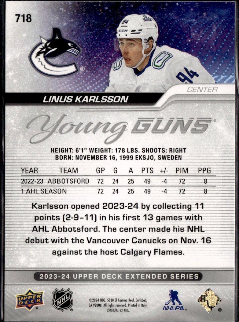 2023-24 Upper Deck Extended Series Hockey Base Young Guns #718 – Linus Karlsson (Vancouver Canucks)