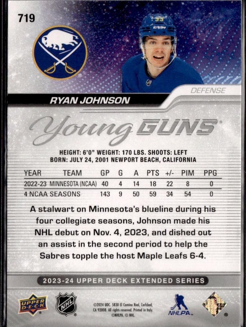 2023-24 Upper Deck Extended Series Hockey Base Young Guns #719 – Ryan Johnson (Buffalo Sabres)