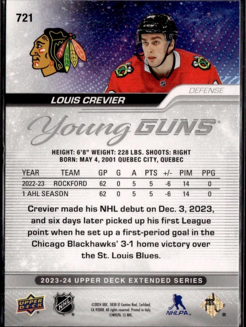 2023-24 Upper Deck Extended Series Hockey Base Young Guns #721 – Louis Crevier (Chicago Blackhawks)