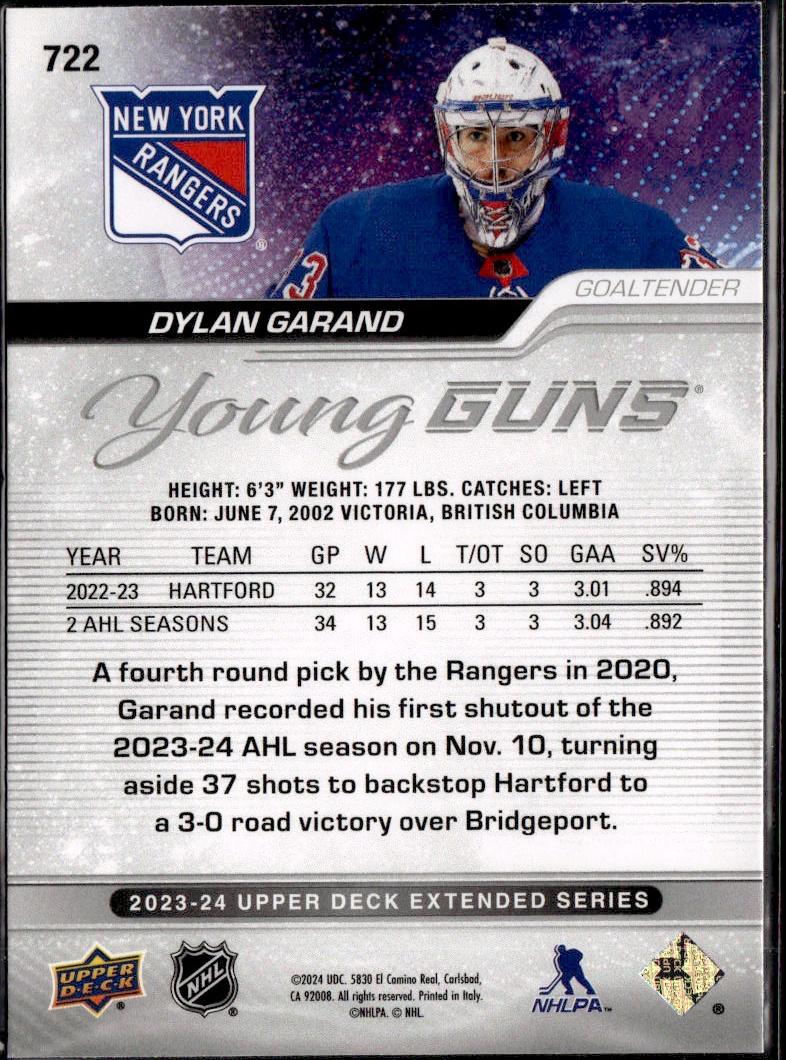 2023-24 Upper Deck Extended Series Hockey Base Young Guns #722 – Dylan Garand (New York Rangers)