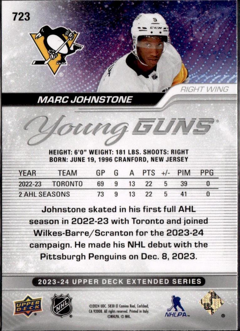 2023-24 Upper Deck Extended Series Hockey Base Young Guns #723 – Marc Johnstone (Pittsburgh Penguins)