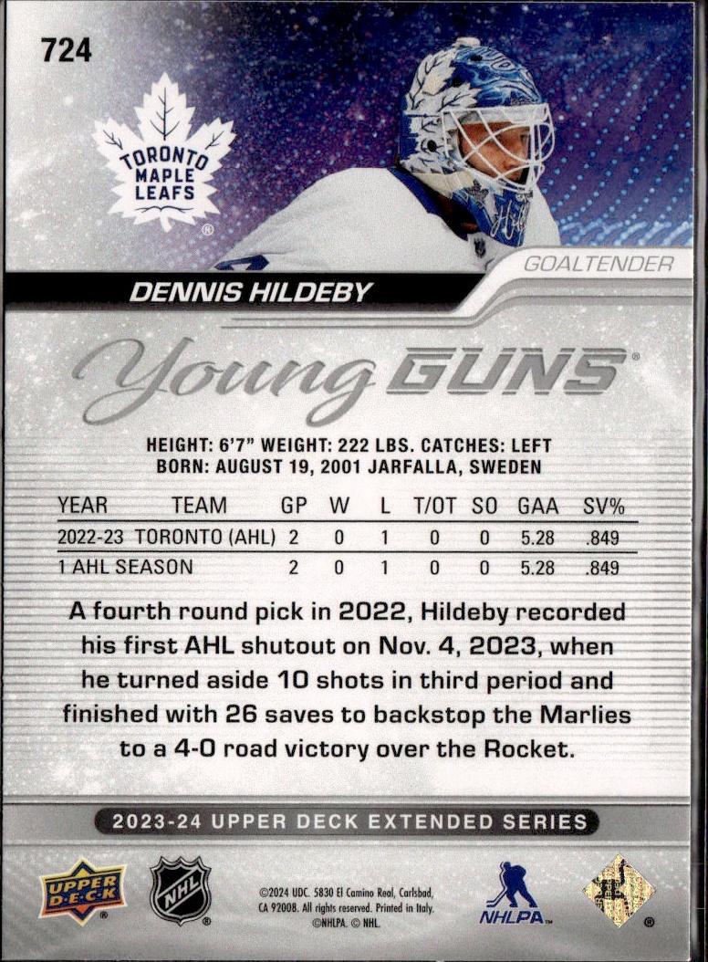 2023-24 Upper Deck Extended Series Hockey Base Young Guns #724 – Dennis Hildeby (Toronto Maple Leafs)
