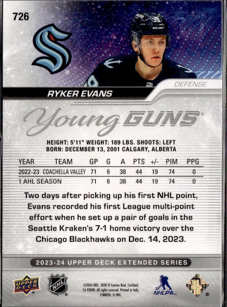 2023-24 Upper Deck Extended Series Hockey Base Young Guns #726 – Ryker Evans (Seattle Kraken)