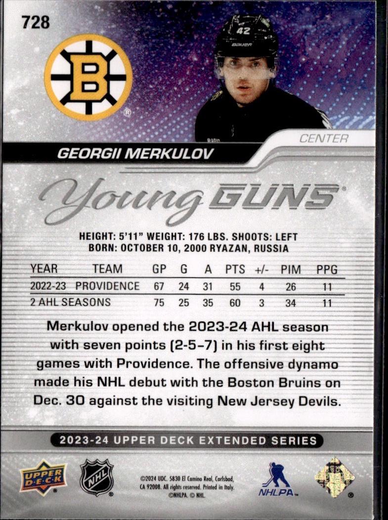 2023-24 Upper Deck Extended Series Hockey Base Young Guns #728 – Georgii Merkulov (Boston Bruins)