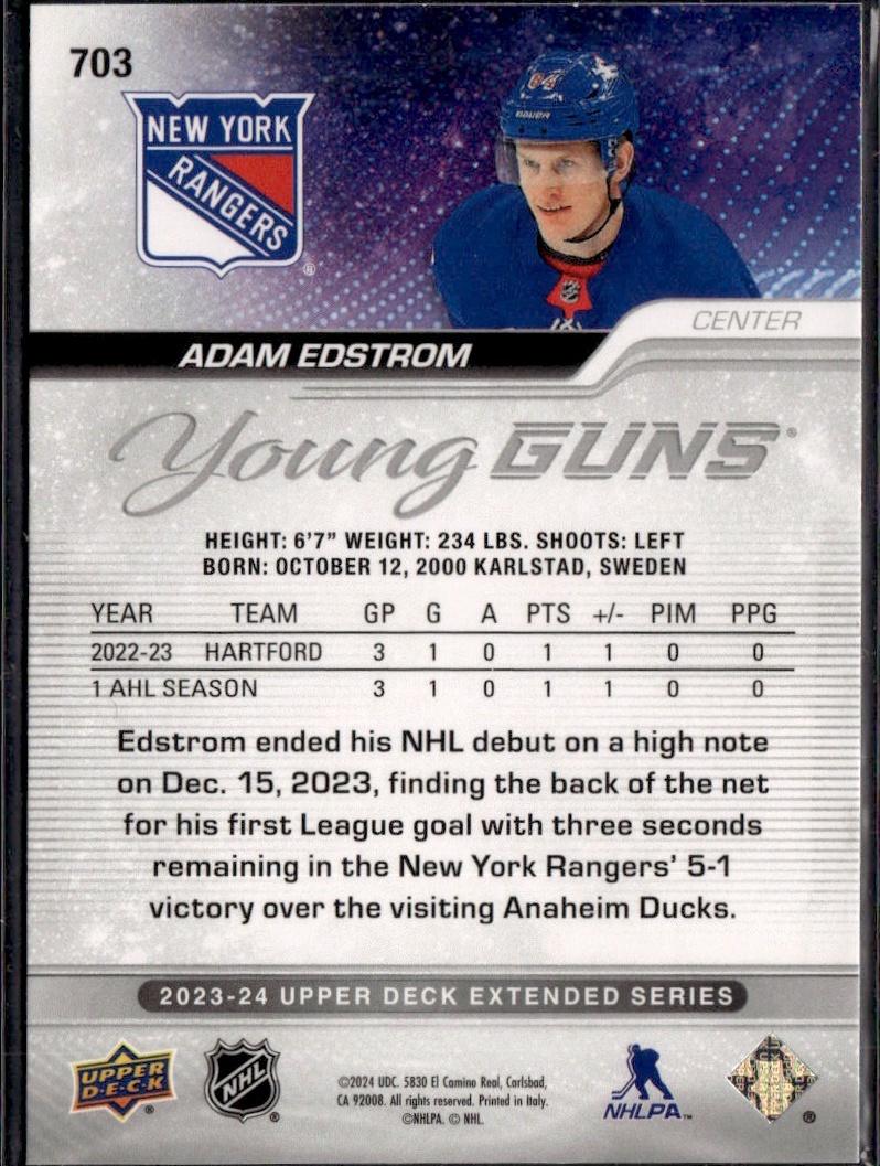 2023-24 Upper Deck Extended Series Hockey Base Young Guns #703 – Adam Edstrom (New York Rangers)