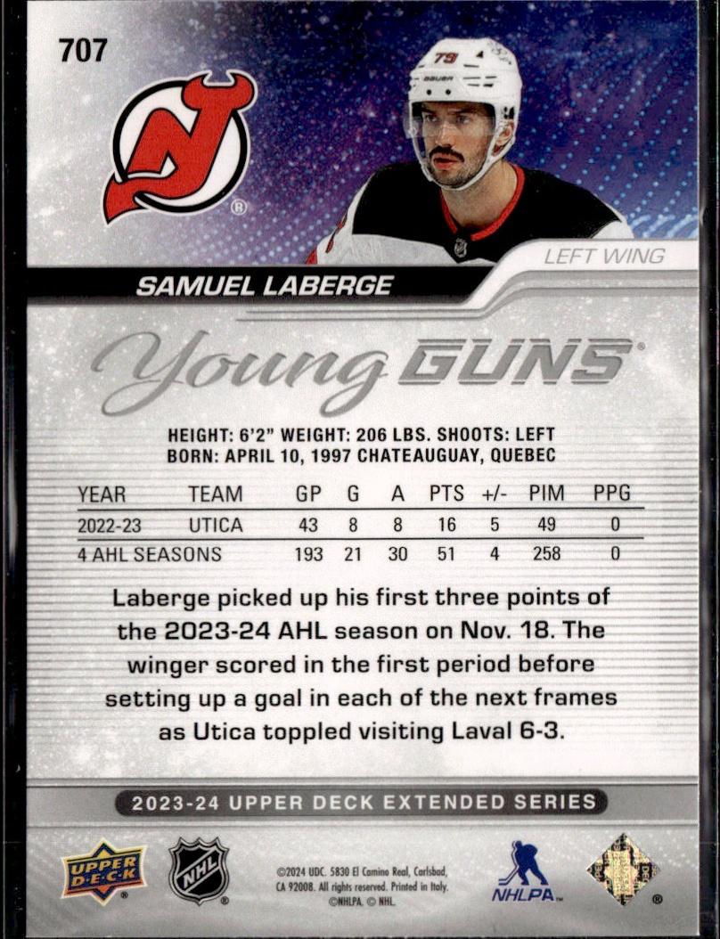 2023-24 Upper Deck Extended Series Hockey Base Young Guns #707 – Samuel Laberge (New Jersey Devils)
