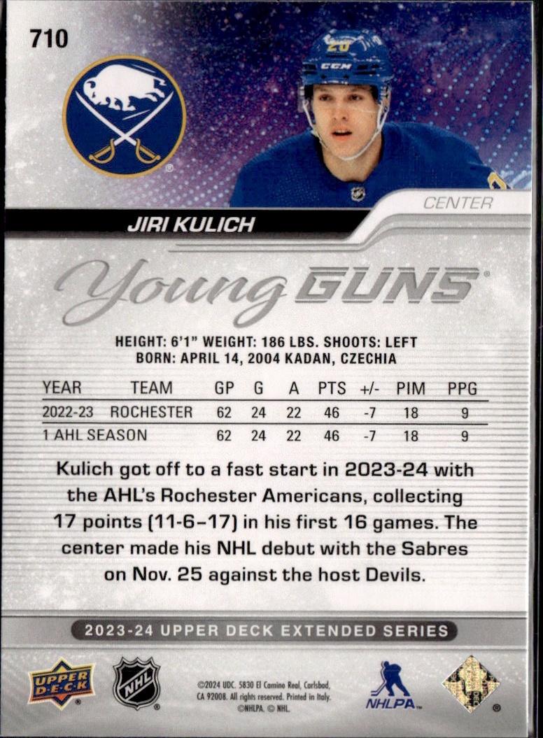 2023-24 Upper Deck Extended Series Hockey Base Young Guns #710 – Jiri Kulich (Buffalo Sabres)