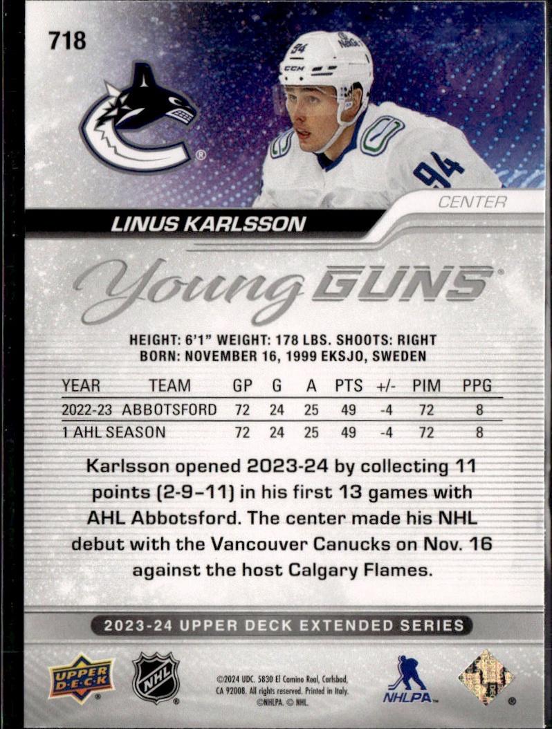 2023-24 Upper Deck Extended Series Hockey Base Young Guns #718 – Linus Karlsson (Vancouver Canucks)