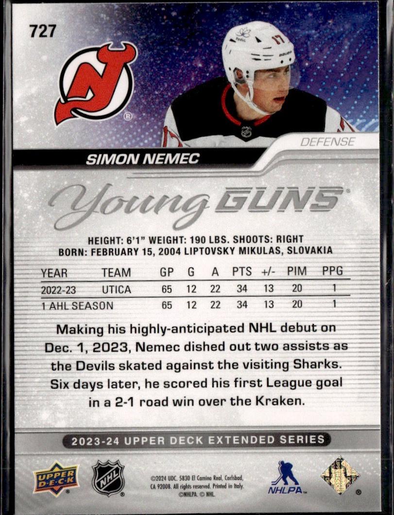 2023-24 Upper Deck Extended Series Hockey Base Young Guns #727 – Simon Nemec (New Jersey Devils)