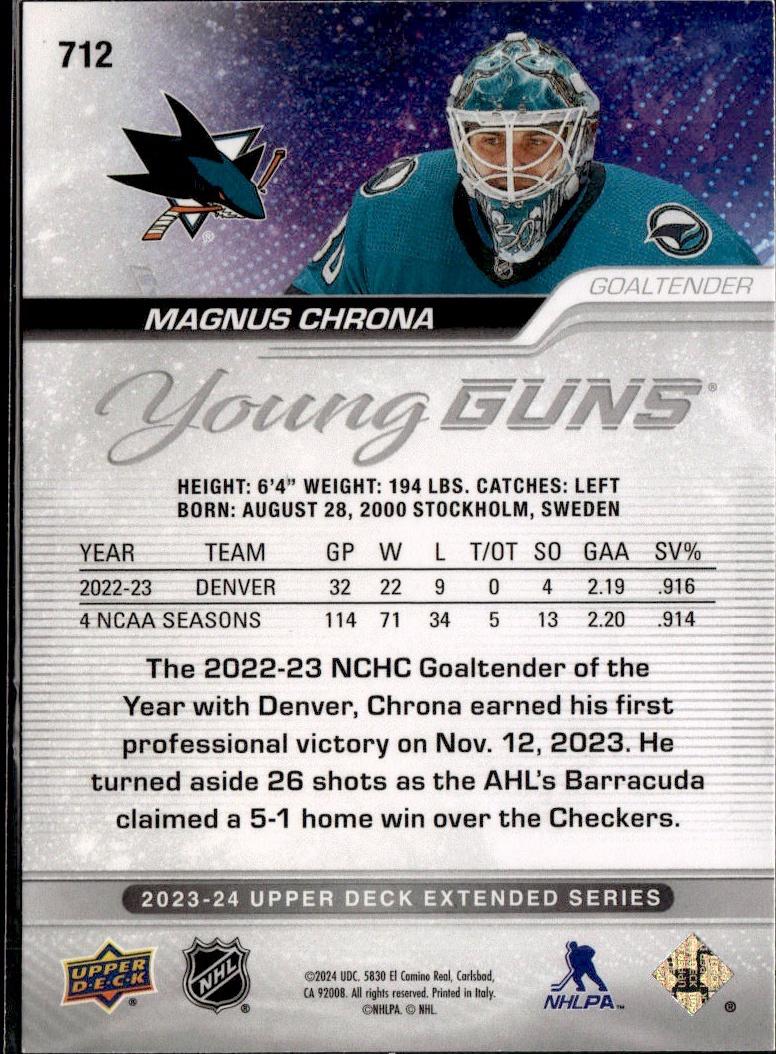 2023-24 Upper Deck Extended Series Hockey Base Young Guns Exclusives /100 #712 – Magnus Chrona (San Jose Sharks)