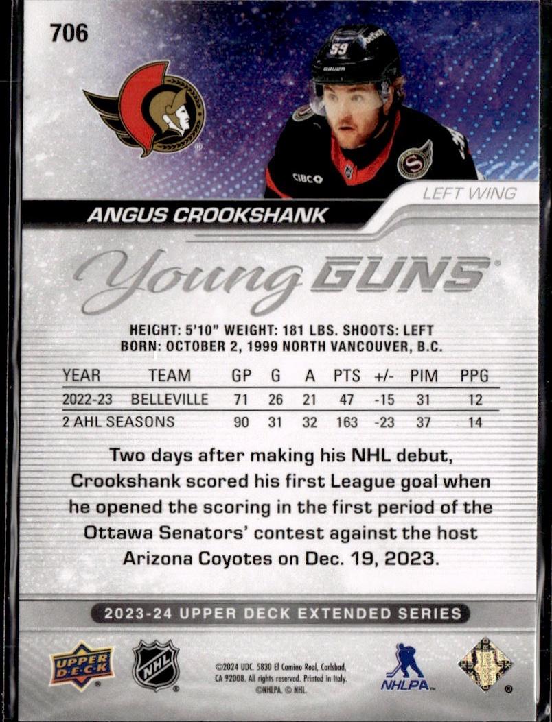 2023-24 Upper Deck Extended Series Hockey Base Young Guns Silver Outburst #706 – Angus Crookshank (Ottawa Senators)