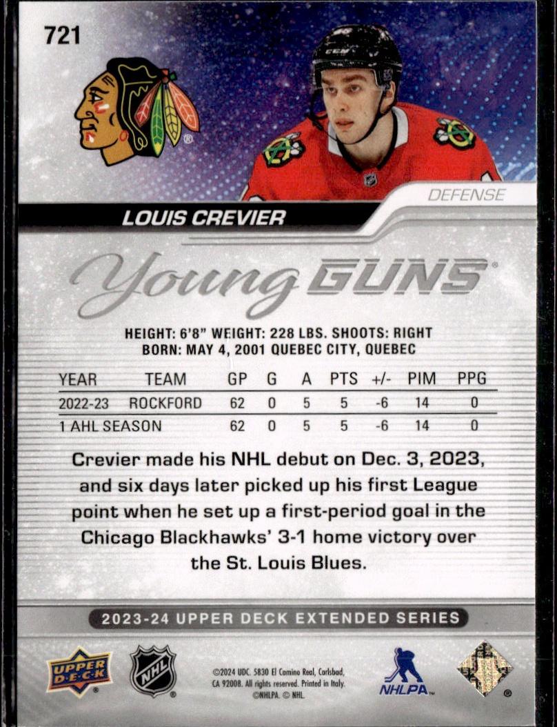 2023-24 Upper Deck Extended Series Hockey Base Young Guns Silver Outburst #721 – Louis Crevier (Chicago Blackhawks)