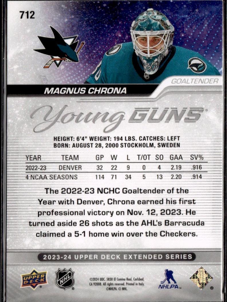 2023-24 Upper Deck Extended Series Hockey Base Young Guns Silver Outburst #712 – Magnus Chrona (San Jose Sharks)