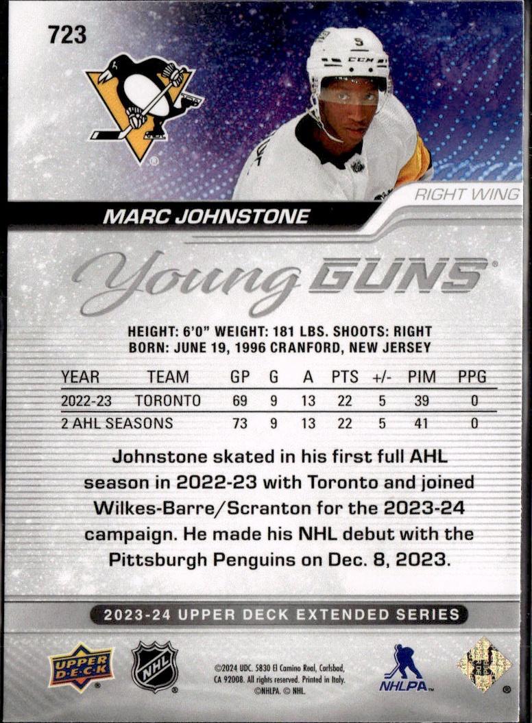 2023-24 Upper Deck Extended Series Hockey Base Young Guns Silver Outburst #723 – Marc Johnstone (Pittsburgh Penguins)