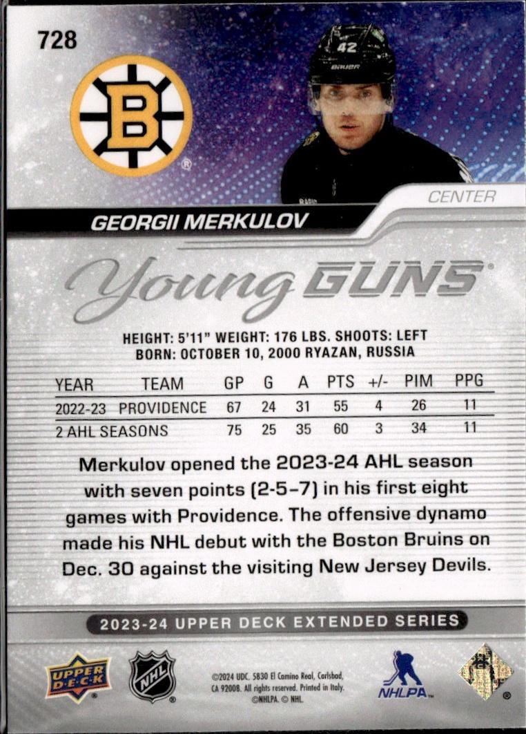 2023-24 Upper Deck Extended Series Hockey Base Young Guns Silver Outburst #728 – Georgii Merkulov (Boston Bruins)