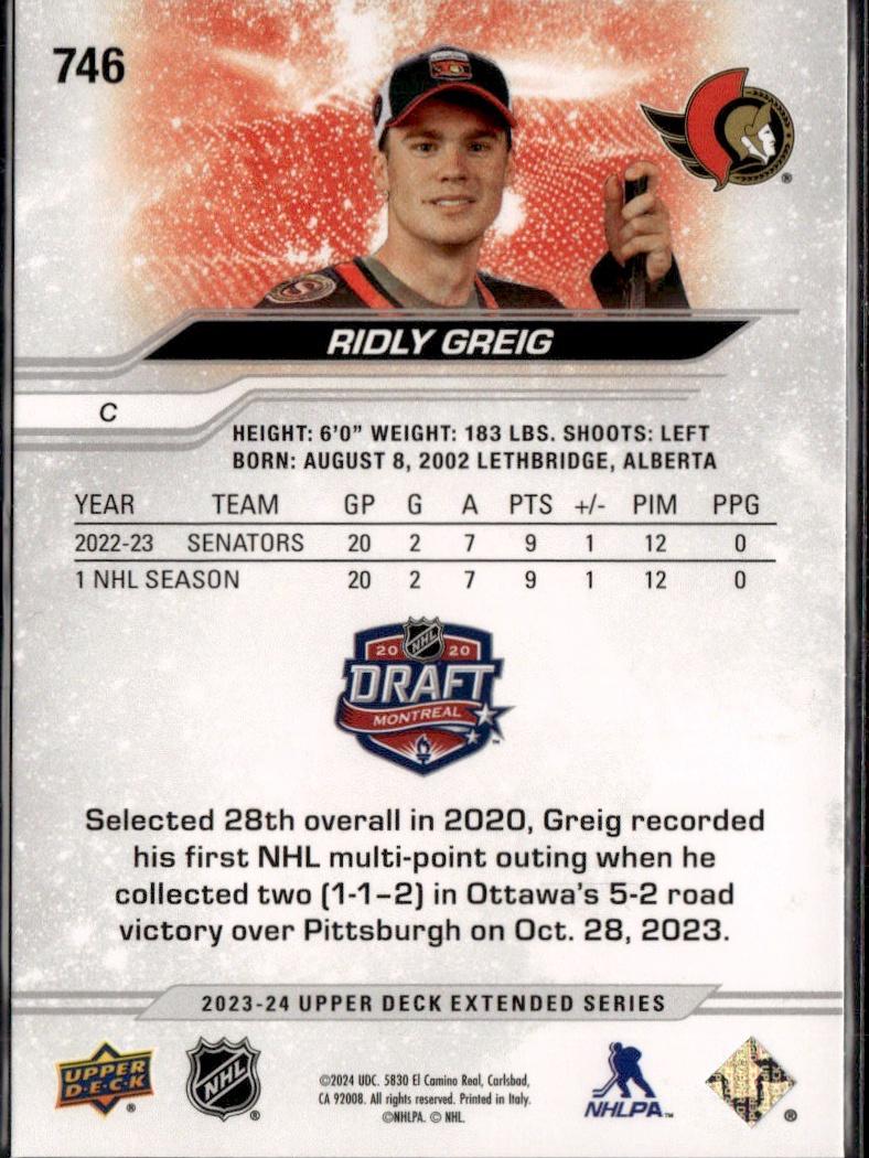 2023-24 Upper Deck Extended Series Hockey Base #746 – Ridly Greig (Ottawa Senators)