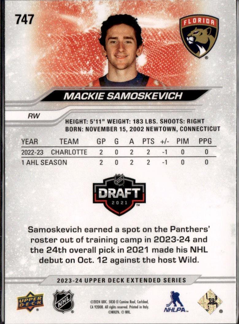 2023-24 Upper Deck Extended Series Hockey Base #747 – Mackie Samoskevich (Florida Panthers)
