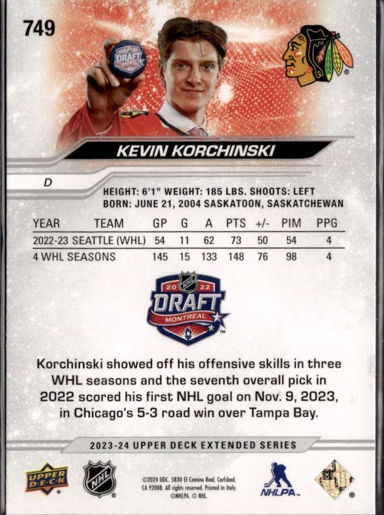 2023-24 Upper Deck Extended Series Hockey Base #749 – Kevin Korchinski (Chicago Blackhawks)