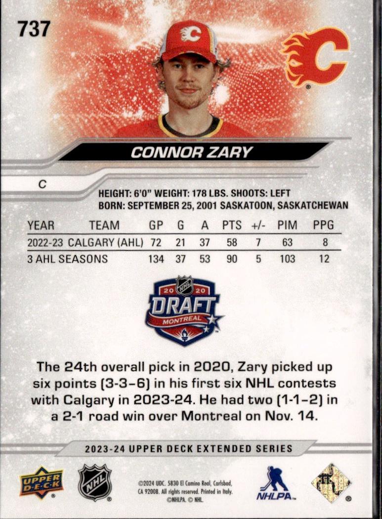 2023-24 Upper Deck Extended Series Hockey Base #737 – Connor Zary (Calgary Flames)