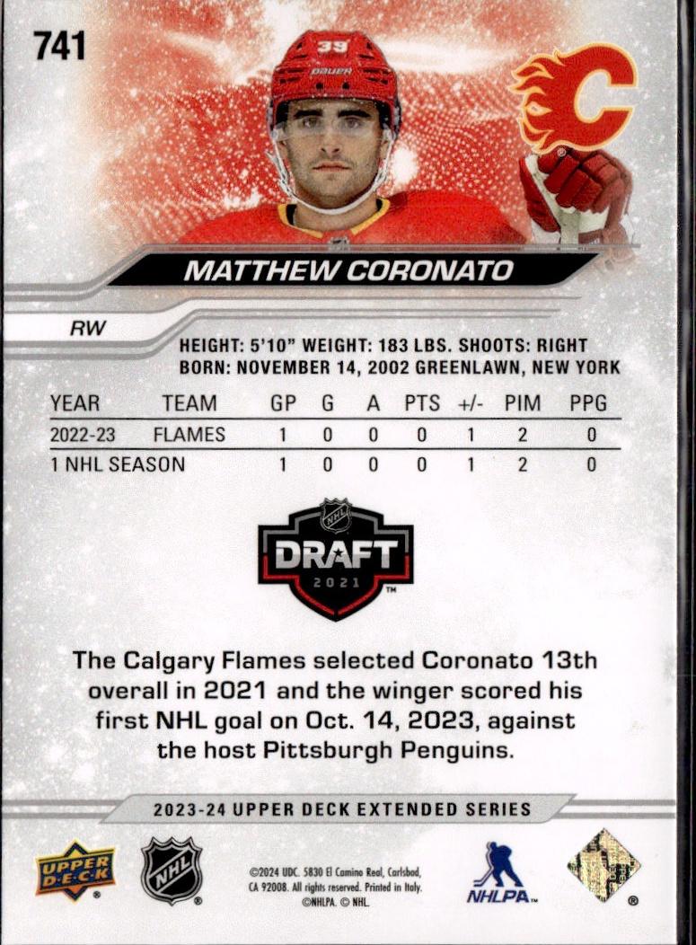 2023-24 Upper Deck Extended Series Hockey Base #741 – Matthew Coronato (Calgary Flames)