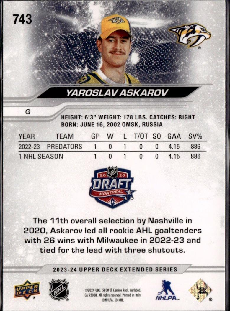 2023-24 Upper Deck Extended Series Hockey Base #743 – Yaroslav Askarov (Nashville Predators)