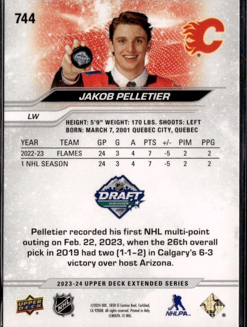 2023-24 Upper Deck Extended Series Hockey Base #744 – Jakob Pelletier (Calgary Flames)
