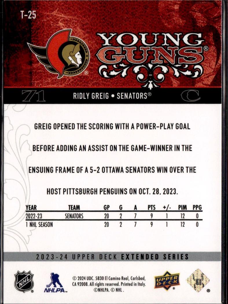 2023-24 Upper Deck Extended Series Hockey Young Guns Retro #T-25 – Ridly Greig (Ottawa Senators)