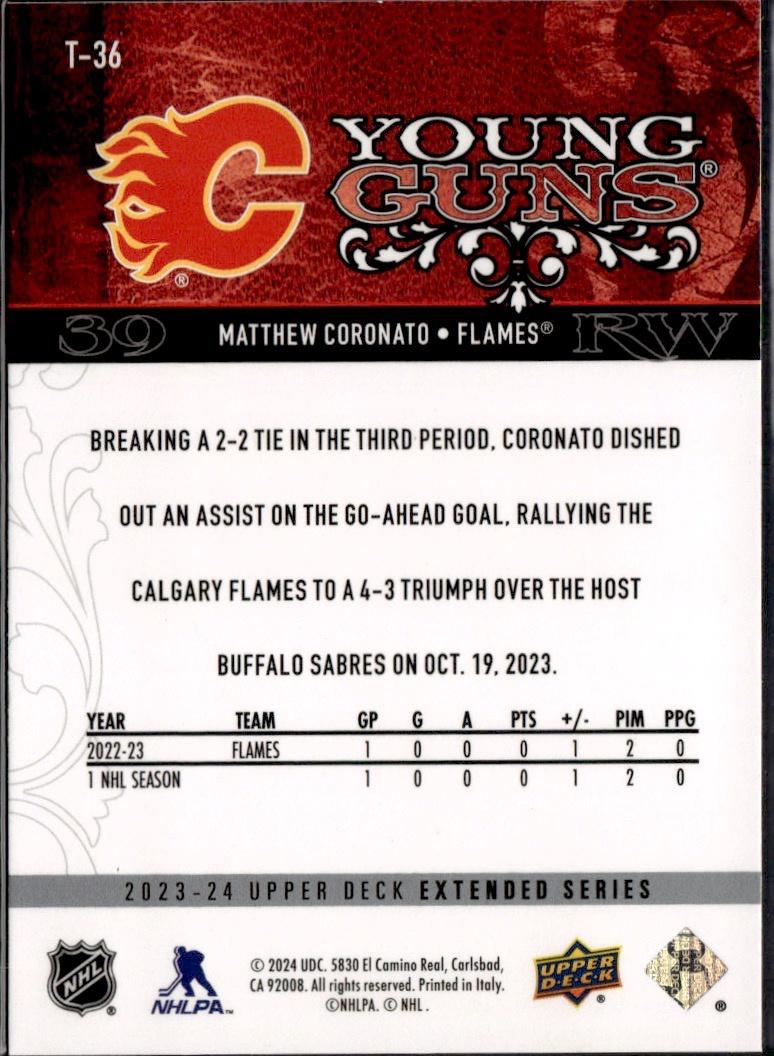 2023-24 Upper Deck Extended Series Hockey Young Guns Retro #T-36 – Matthew Coronato (Calgary Flames)
