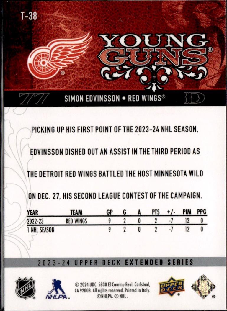 2023-24 Upper Deck Extended Series Hockey Young Guns Retro #T-38 – Simon Edvinsson (Detroit Red Wings)
