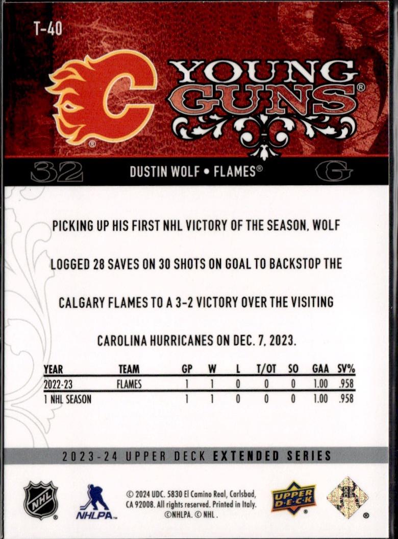 2023-24 Upper Deck Extended Series Hockey Young Guns Retro #T-40 – Dustin Wolf (Calgary Flames)