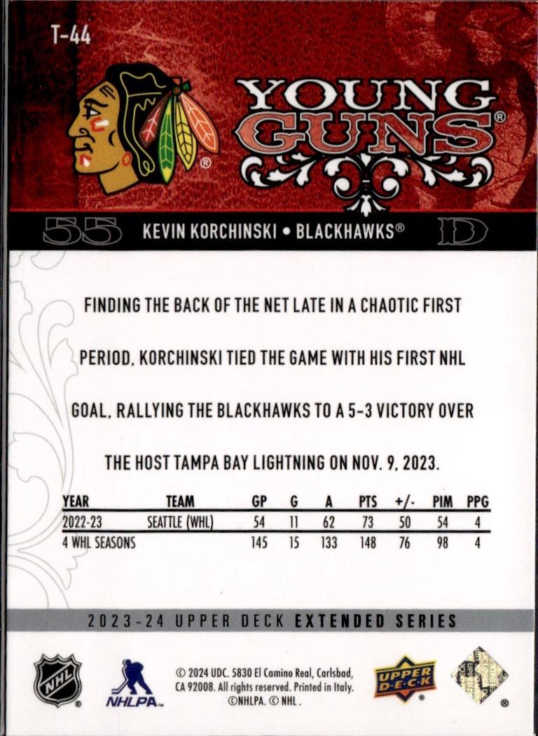 2023-24 Upper Deck Extended Series Hockey Young Guns Retro #T-44 – Kevin Korchinski (Chicago Blackhawks)