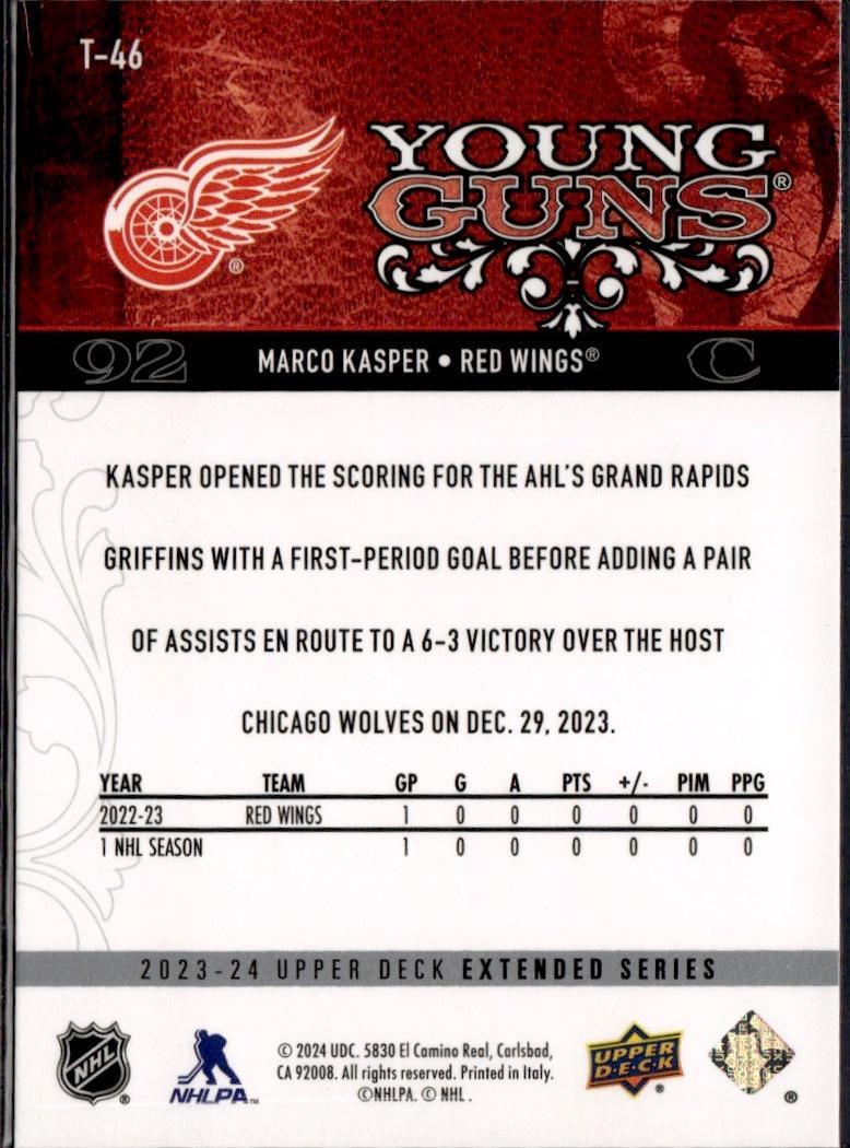 2023-24 Upper Deck Extended Series Hockey Young Guns Retro #T-46 – Marco Kasper (Detroit Red Wings)