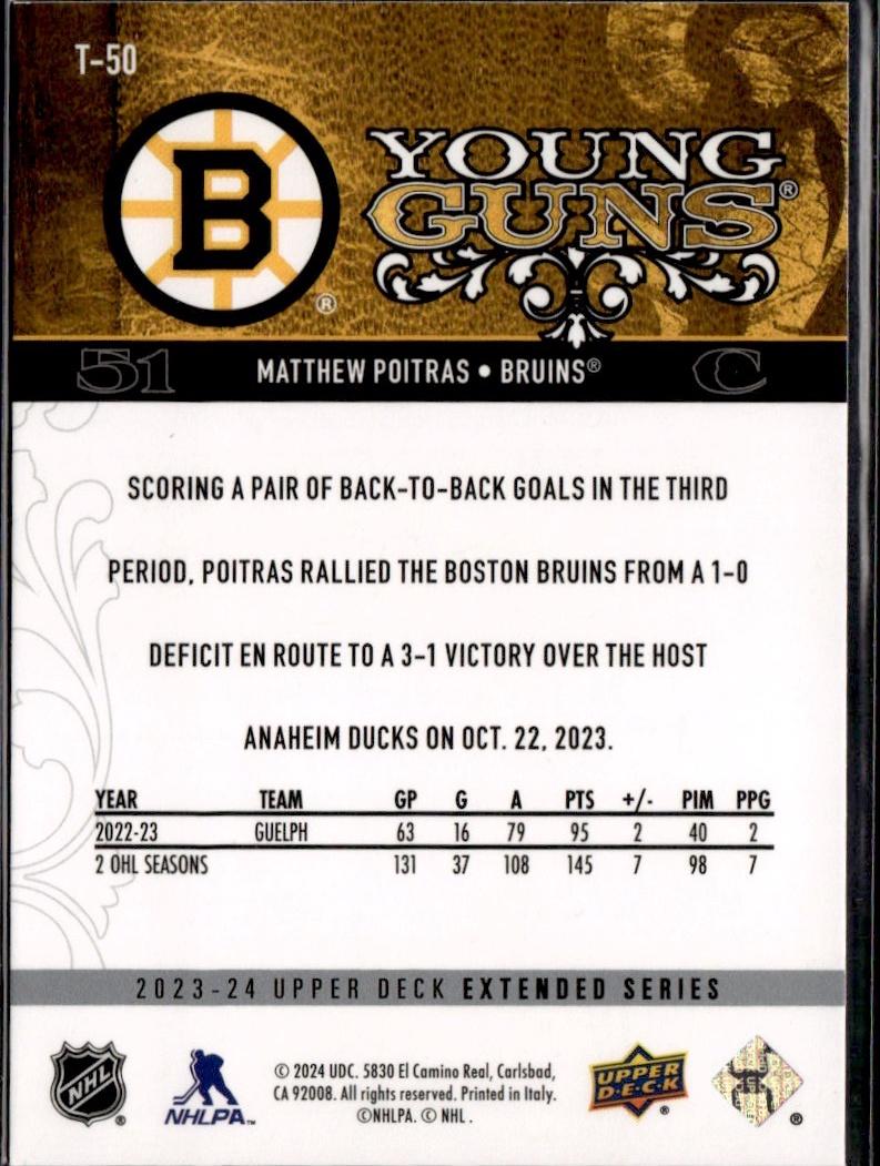 2023-24 Upper Deck Extended Series Hockey Young Guns Retro #T-50 – Matthew Poitras (Boston Bruins)