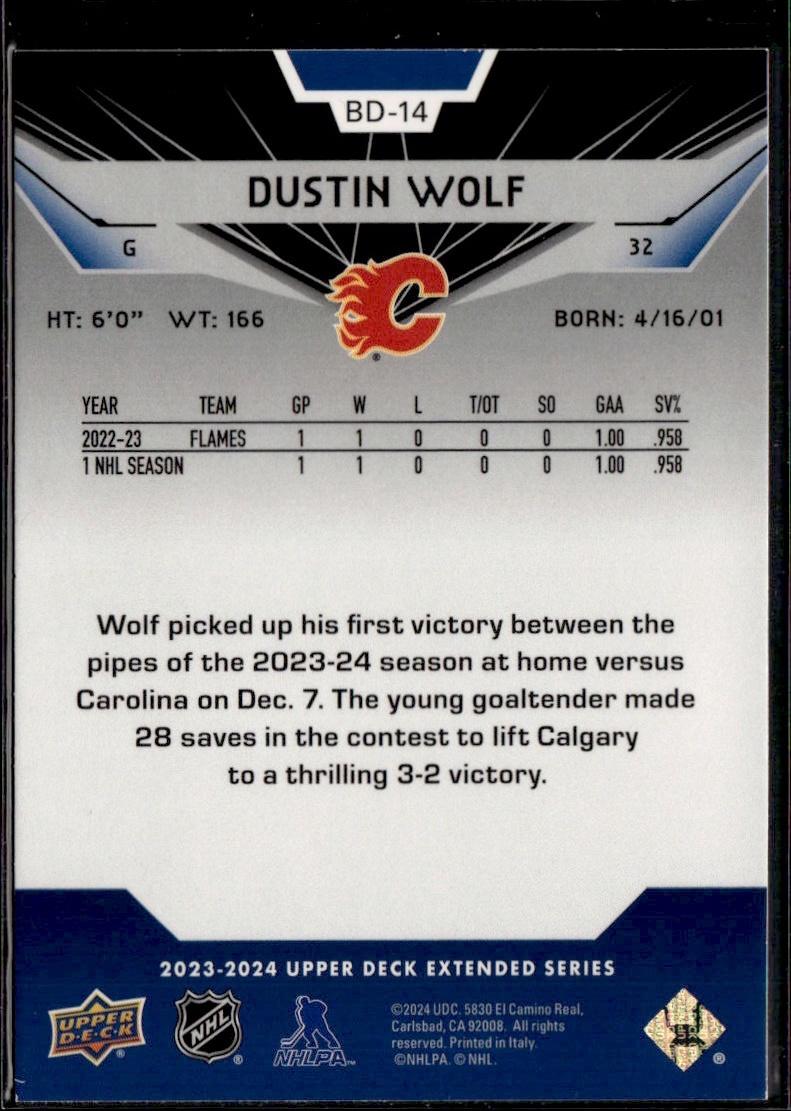 2023-24 Upper Deck Extended Series Hockey Black Diamond #BD-14 – Dustin Wolf (Calgary Flames)