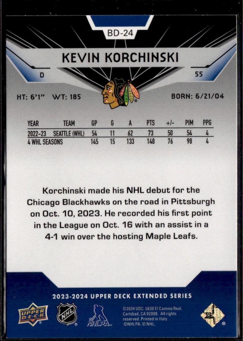2023-24 Upper Deck Extended Series Hockey Black Diamond #BD-24 – Kevin Korchinski (Chicago Blackhawks)