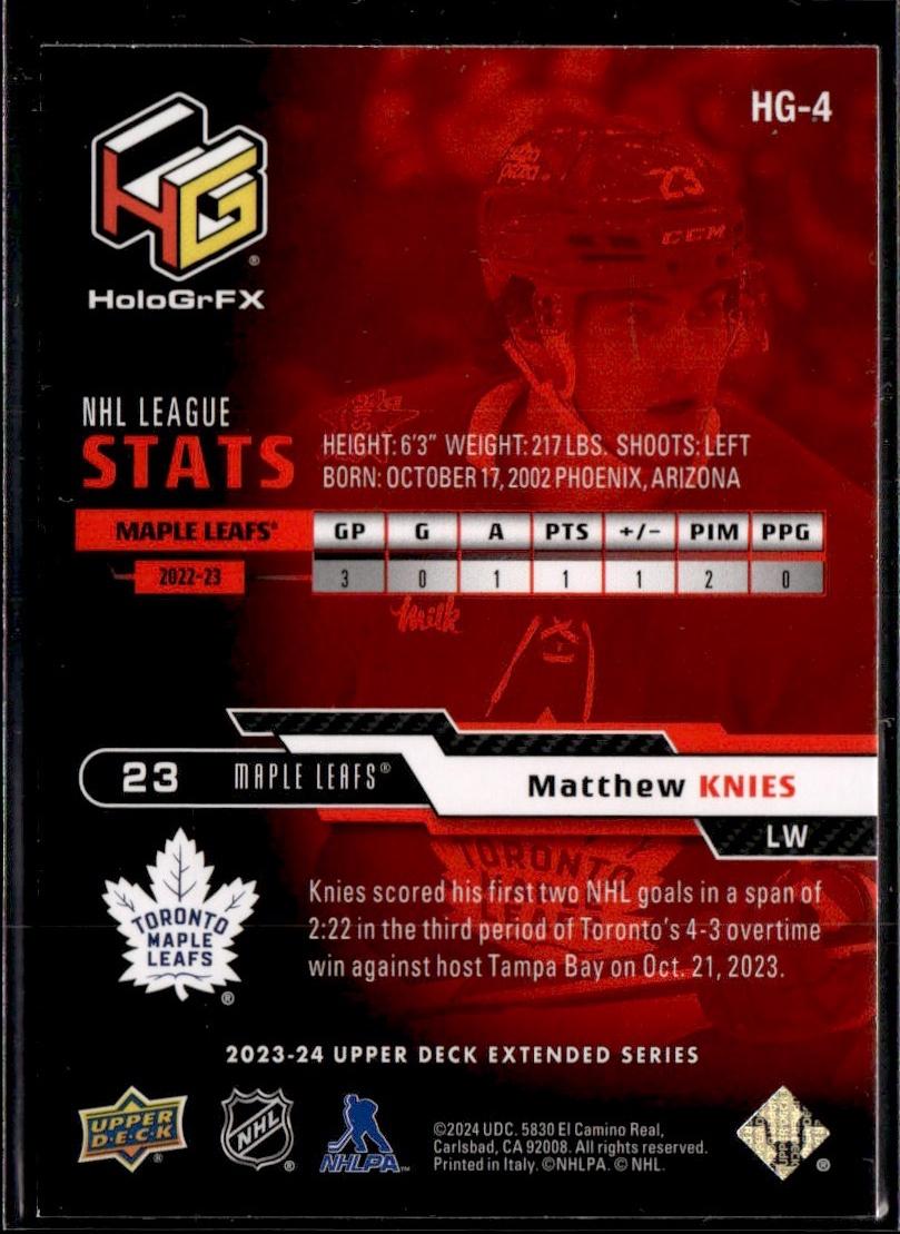 2023-24 Upper Deck Extended Series Hockey HoloGrFx #HG-4 – Matthew Knies (Toronto Maple Leafs)