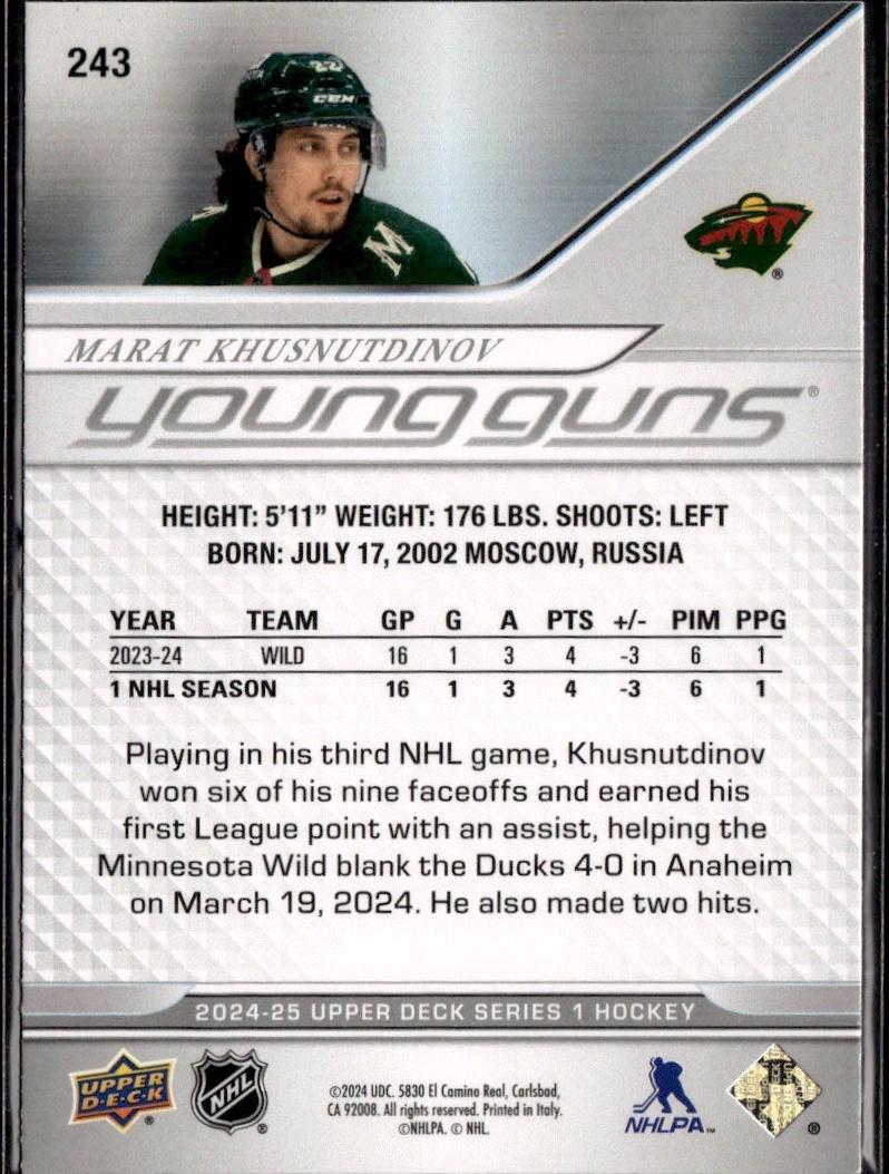 2024-25 Upper Deck Series 1 Hockey Base Young Guns #243 – Marat Khusnutdinov (Minnesota Wild)
