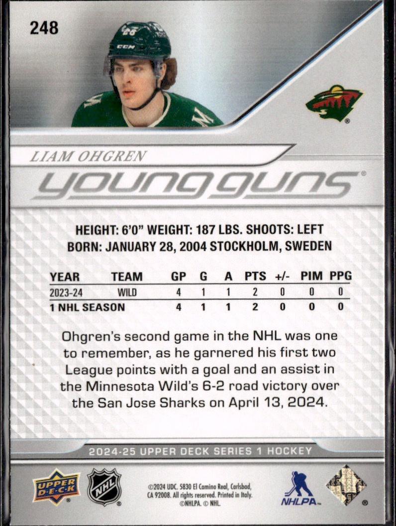 2024-25 Upper Deck Series 1 Hockey Base Young Guns #248 – Liam Ohgren (Minnesota Wild)