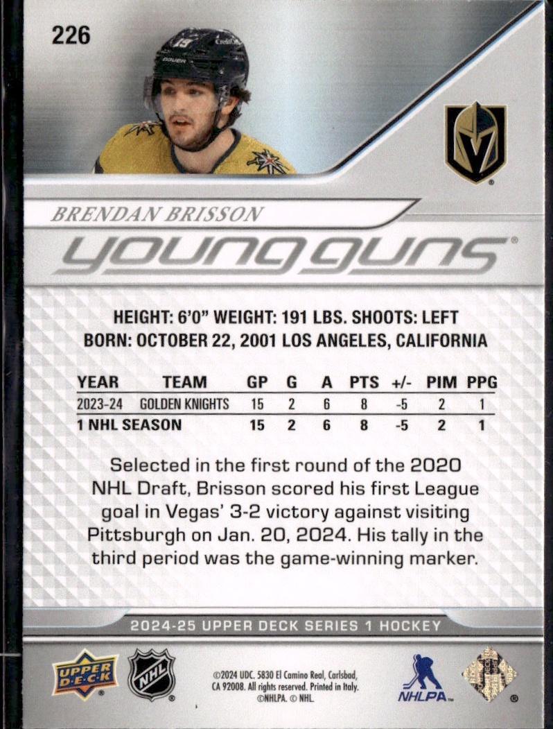 2024-25 Upper Deck Series 1 Hockey Base Young Guns #226 – Brendan Brisson (Vegas Golden Knights)